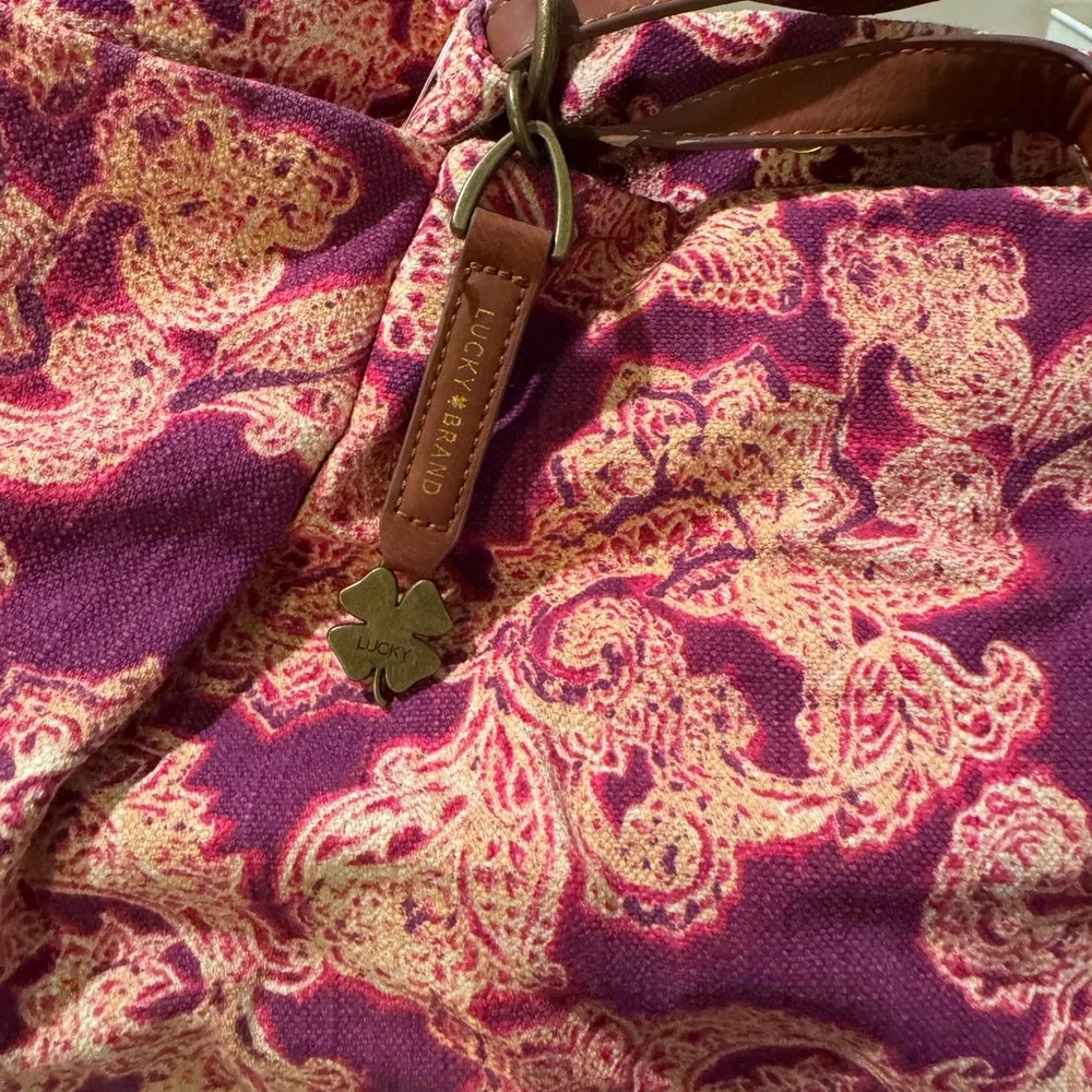 Lucky Brand Canvas Paisley Tote Bag Leather Strap Boho - Picture 3 of 4
